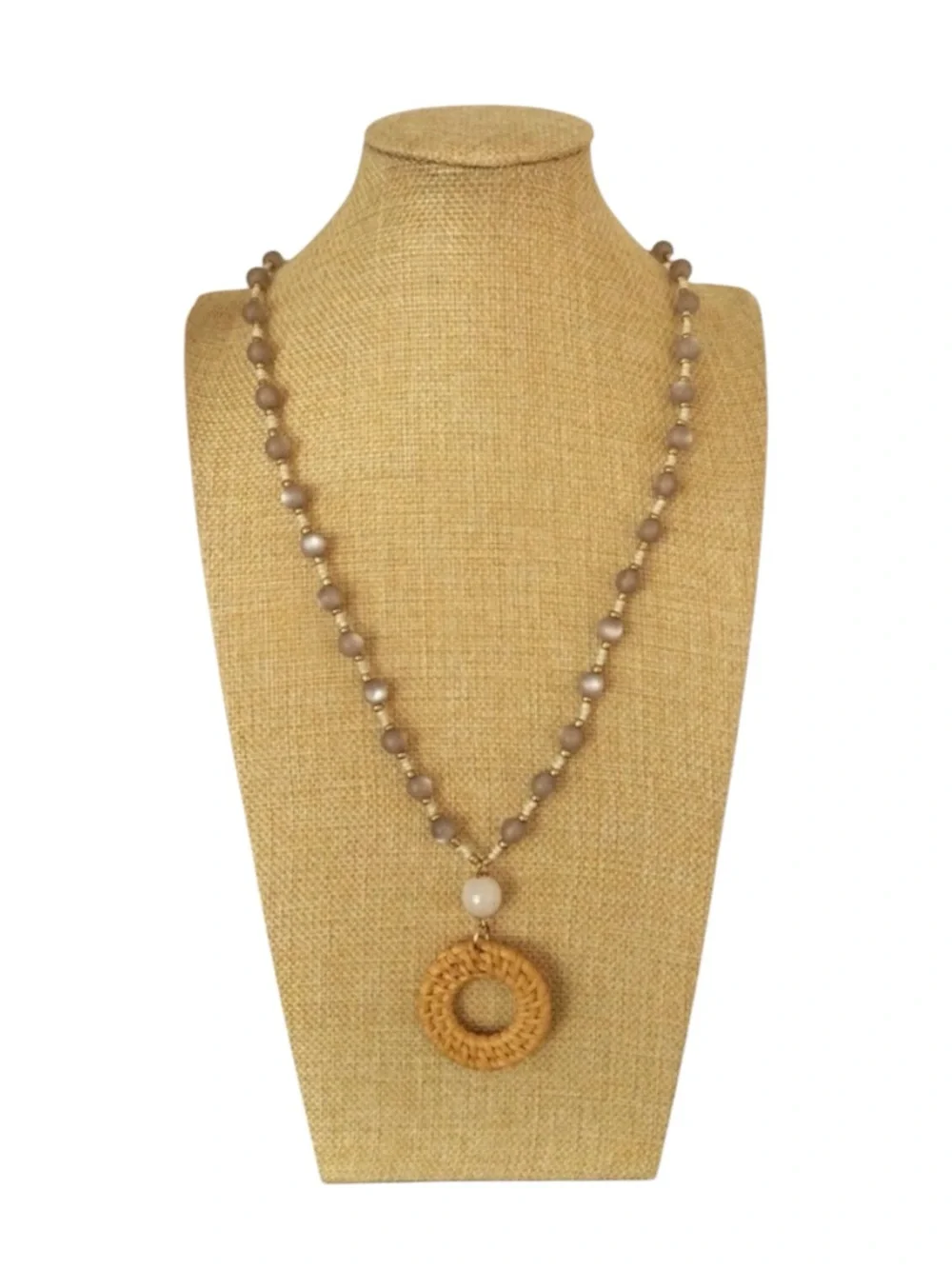 CHARMING CHARLIE Boho Moonglow Lucite, White Quartz & Rattan Pendant Necklace - Picture 4 of 10